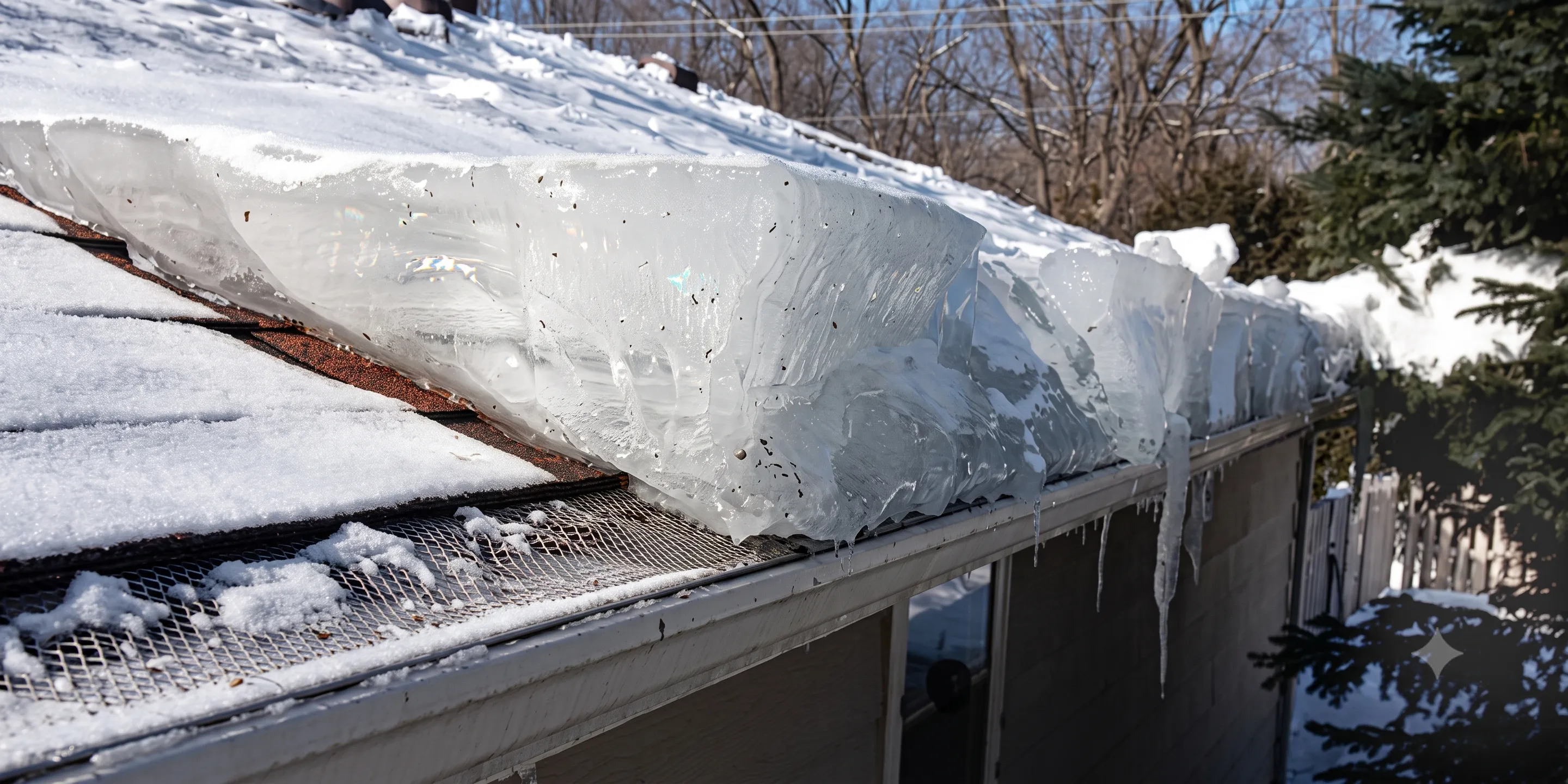 Dangerous ice dam buildup on a residential roof